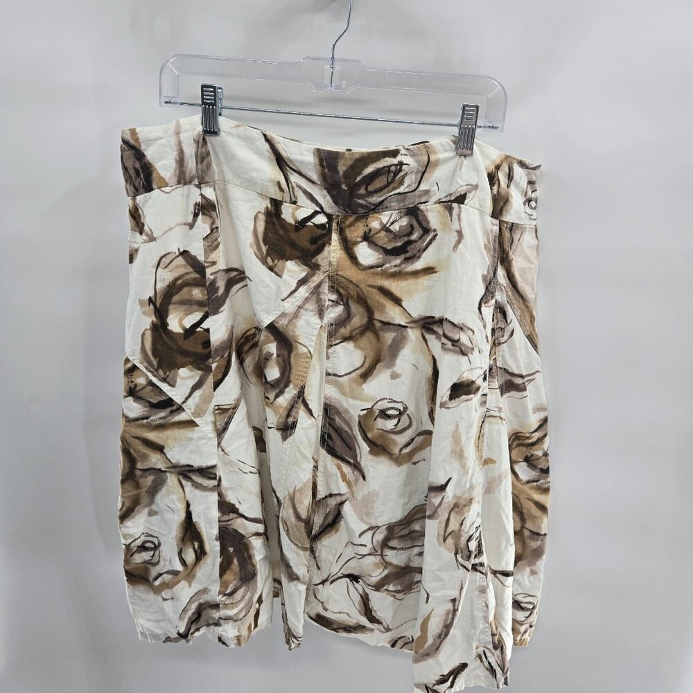 Coldwater Creek White Brown Gray Floral Linen Lined Midi Skirt Size XL 18